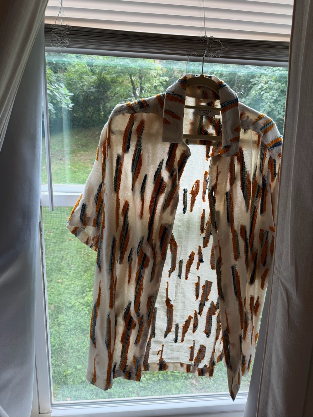 Topman Short-Sleeve Button-Up Shirt in Cream with Orange & Blue Strokes